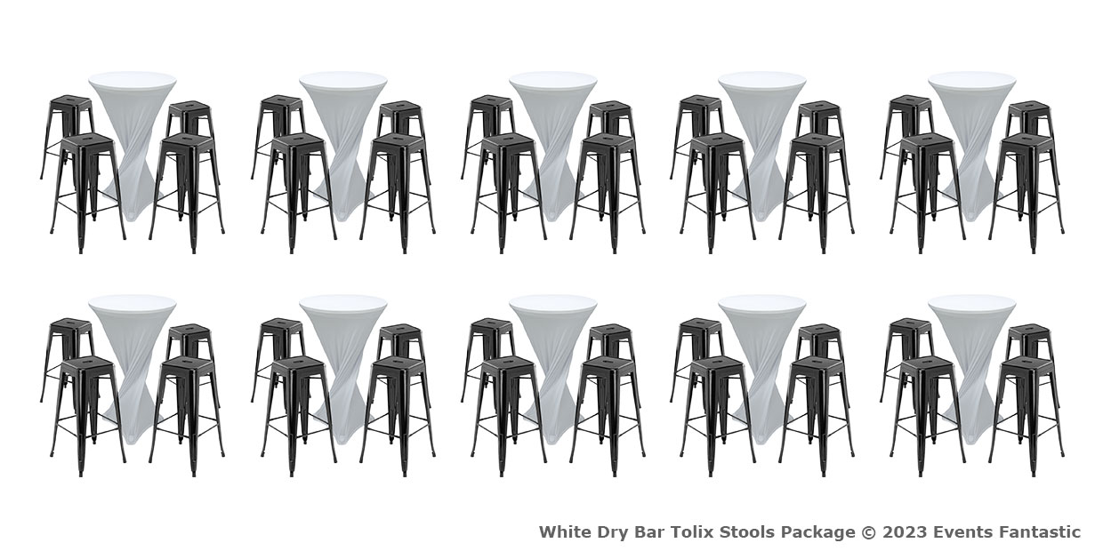 Rows of tall tables with white tablecloths, each surrounded by four black bar stools. Caption at bottom right reads: "White Dry Bar Tolix Stools Package © 2023 Events Fantastic".