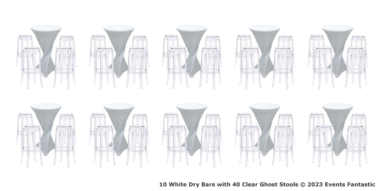 Ten white dry bars each paired with four clear ghost stools arranged in a grid pattern. Text at the bottom reads: "10 White Dry Bars with 40 Clear Ghost Stools Package © 2023 Events Fantastic.