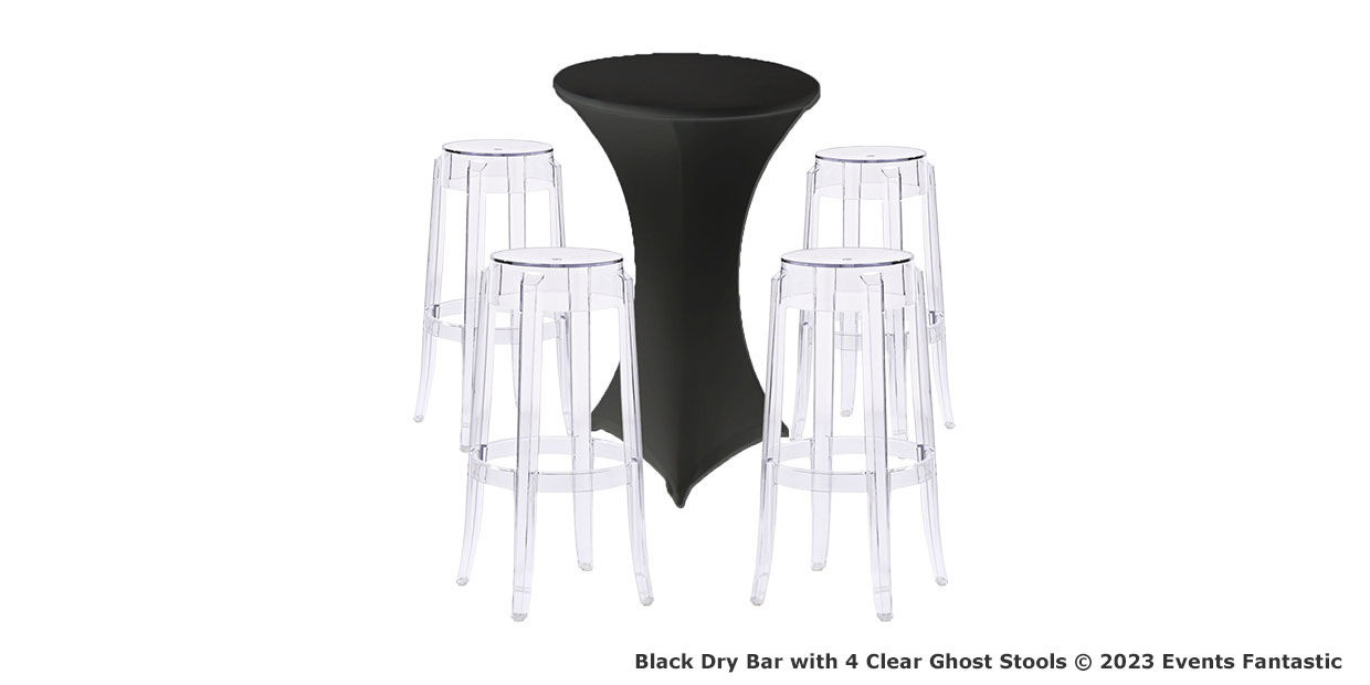 A black dry bar, part of our exclusive bar package, is surrounded by four clear ghost stools. © 2023 Events Fantastic.