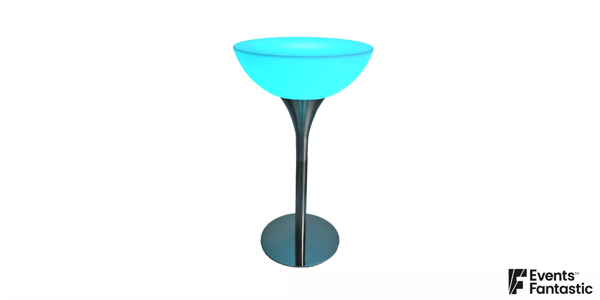 An illuminated cocktail dry bar with a metal base emits a bright blue light. © 2023 Events Fantastic.