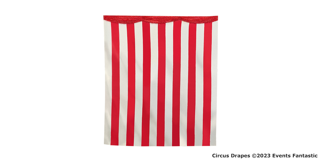 Red and white vertical striped circus drapes, measuring 6m in width and 3.35m in height, feature a scalloped top edge for a classic carnival feel.