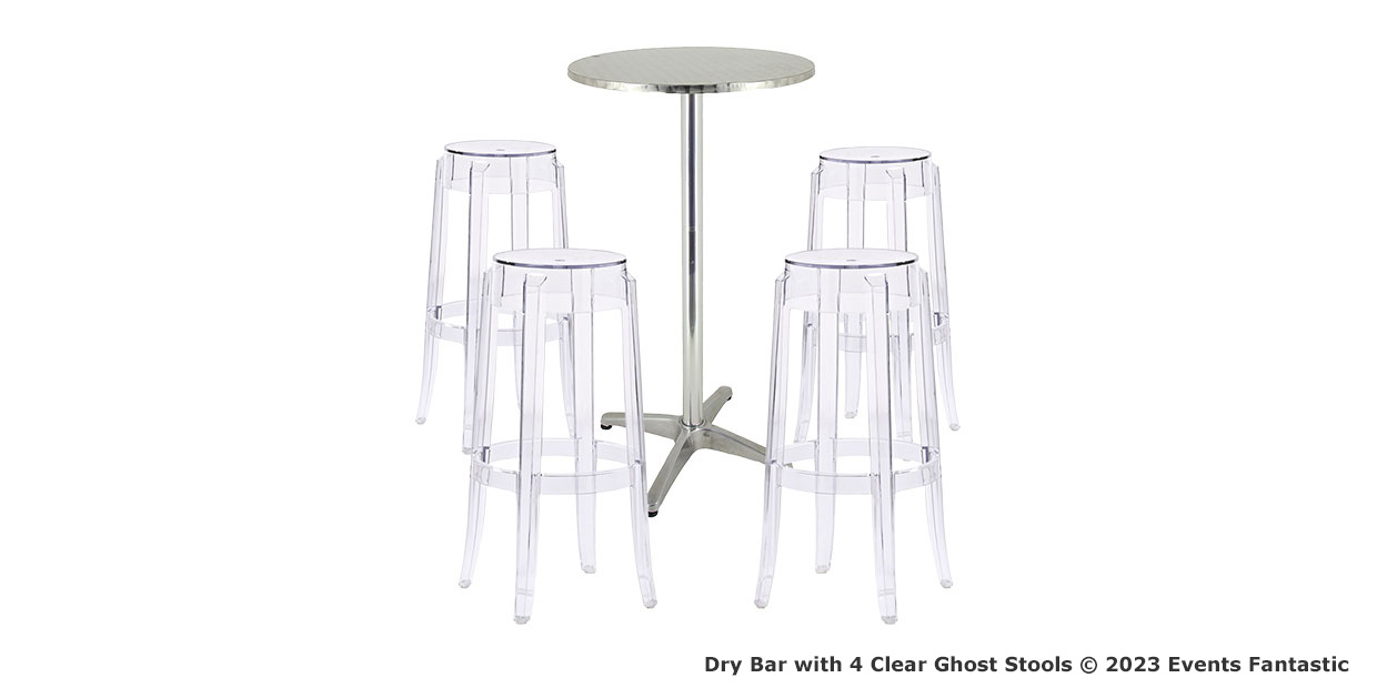 A sleek round dry bar table with a metal base is paired with four clear Ghost stools, creating a stylish and modern setup. Text in the corner reads, "Dry Bar Package with 4 Clear Ghost Stools © 2023 Events Fantastic.
