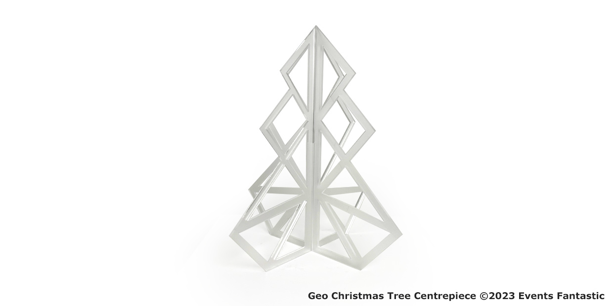 A geometric Christmas tree centerpiece made of intersecting triangles and diamonds, crafted from white acrylic. Text at the bottom reads "Geo Christmas Tree Centrepiece ©2023 Events Fantastic.