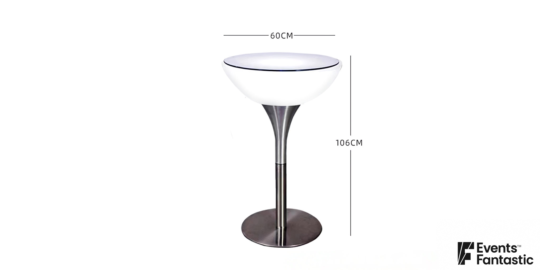 An Illuminated Glow Bar with a metal base, measuring 60 cm in diameter and 106 cm in height. ©2023 Events Fantastic.