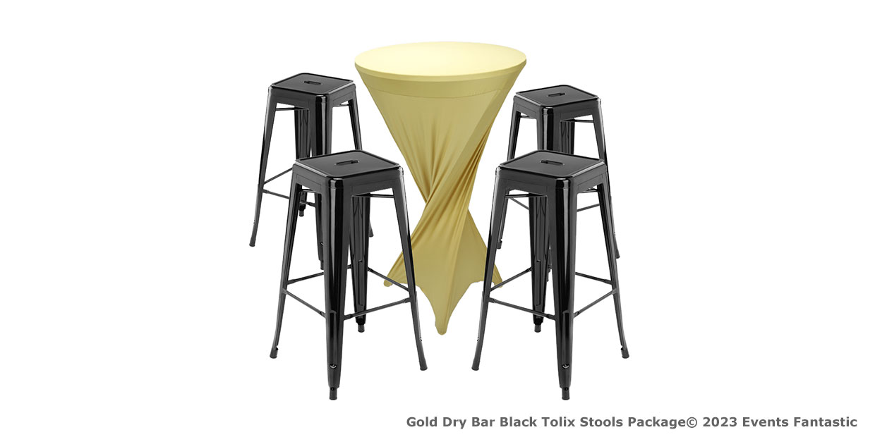 A round bar table draped in a gold tablecloth, paired with four black tolix stools.
