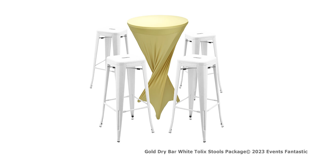 Gold bistro table covered with a yellow tablecloth, surrounded by four White Tolix Stools. Image caption: "Gold Dry Bar with White Tolix Stools Package © 2023 Events Fantastic.