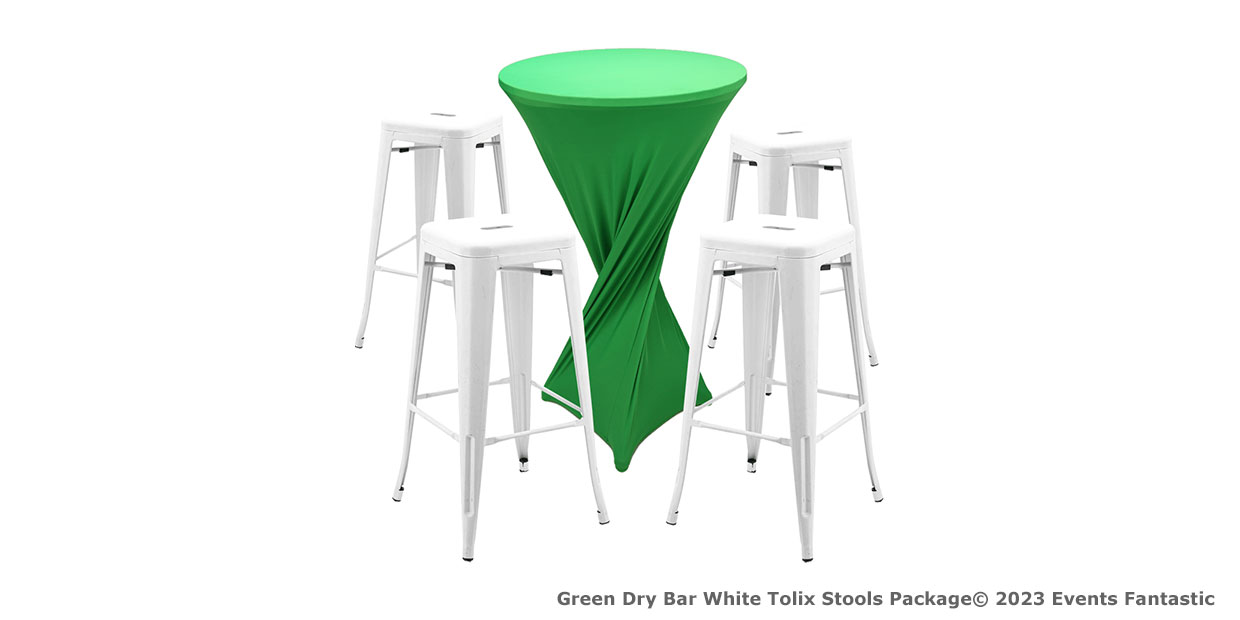 The green dry bar, covered with a fitted cloth, is surrounded by four white Tolix stools.