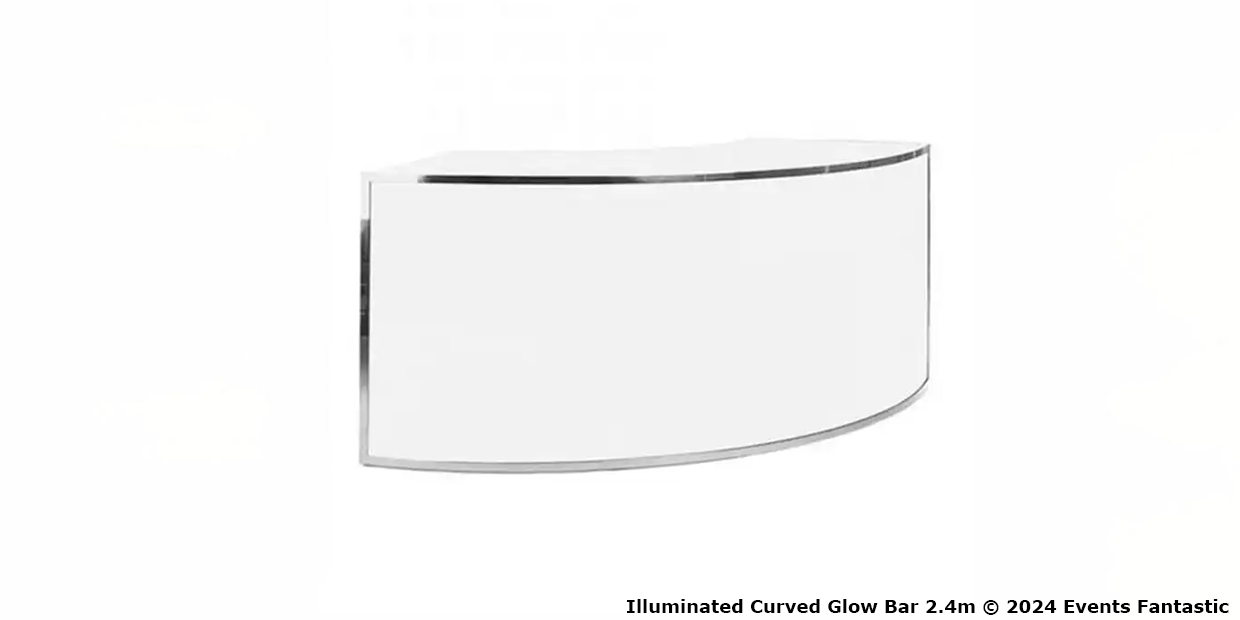 A curved, glow bar with a sleek white surface and silver trim. This illuminated centerpiece, measuring 2.4 meters, is a remarkable addition to any venue. The product is attributed to Events Fantastic, dated 2024.
