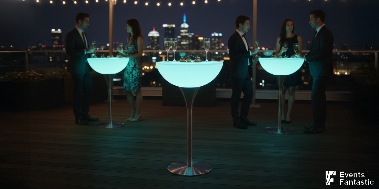 People in formal attire stand around an Illuminated Glow Bar with a sleek metal base on a rooftop at night, city skyline shimmering in the background.
