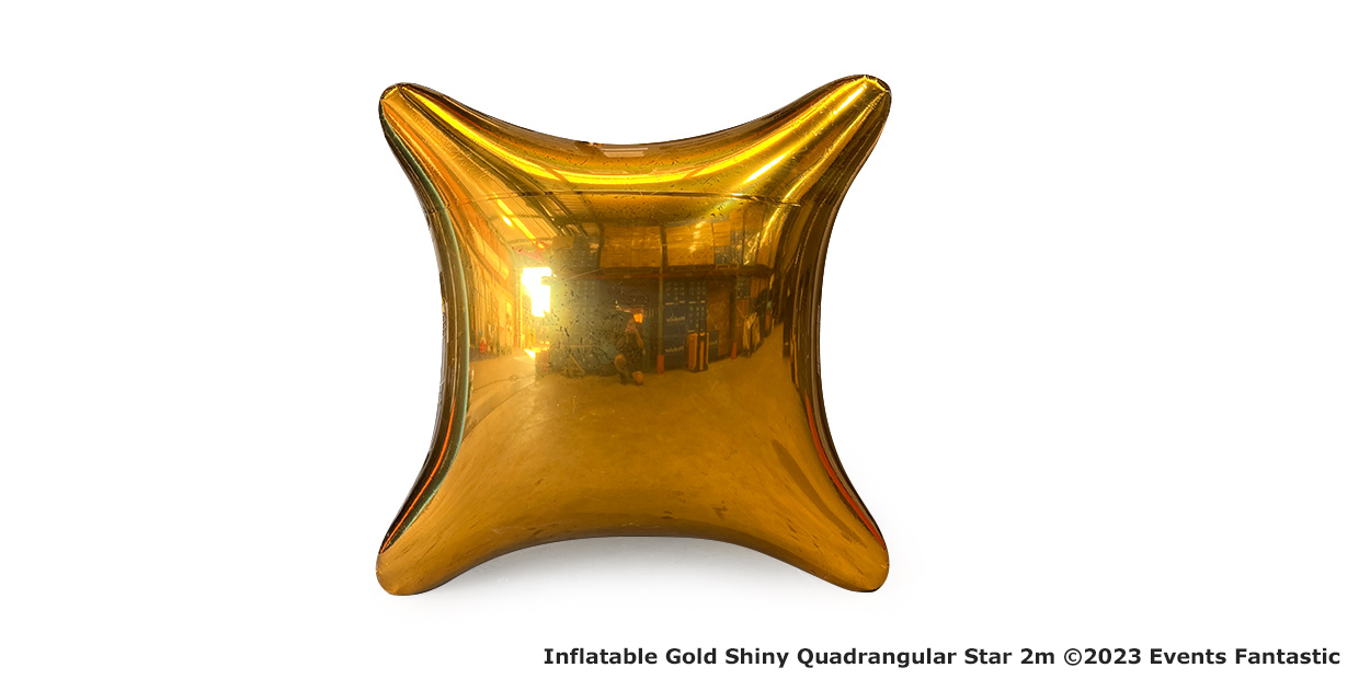 A gold shiny inflatable quadrangular star measuring 2 meters is displayed against a white background. Text at the bottom reads "Inflatable Gold Shiny Quadrangular Star 2m ©2023 Events Fantastic.