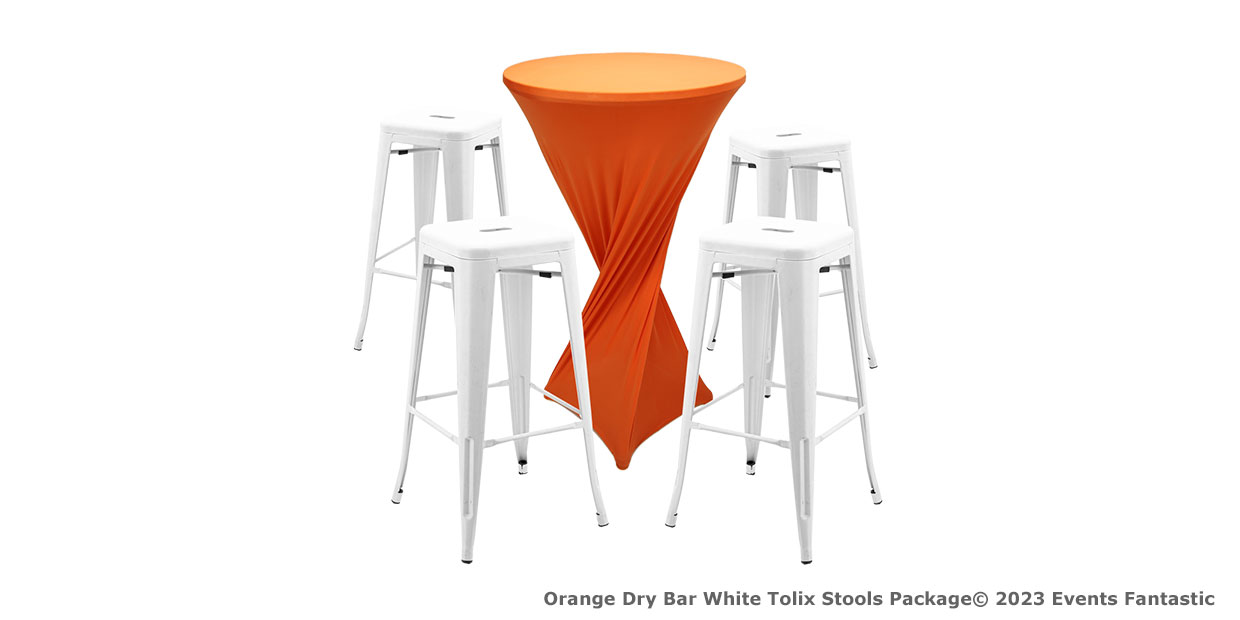 A tall table covered with an orange cloth, known as an Orange Dry Bar, is surrounded by four sleek White Tolix Stools.