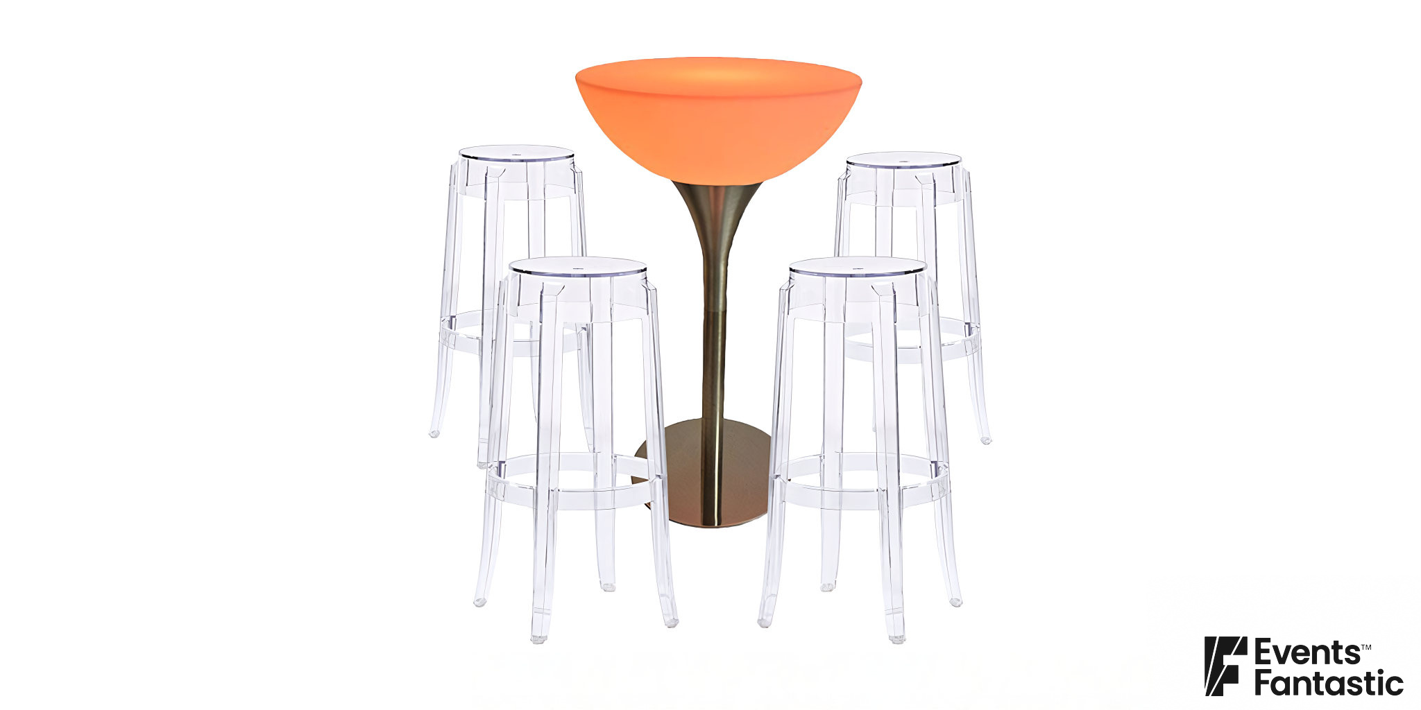 Four transparent bar stools surround an orange illuminated glow cocktail table with a metal base.