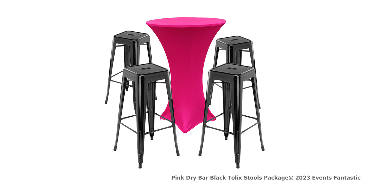 A stylish round cocktail table with a bright pink cover is accompanied by four sleek black metal stools.