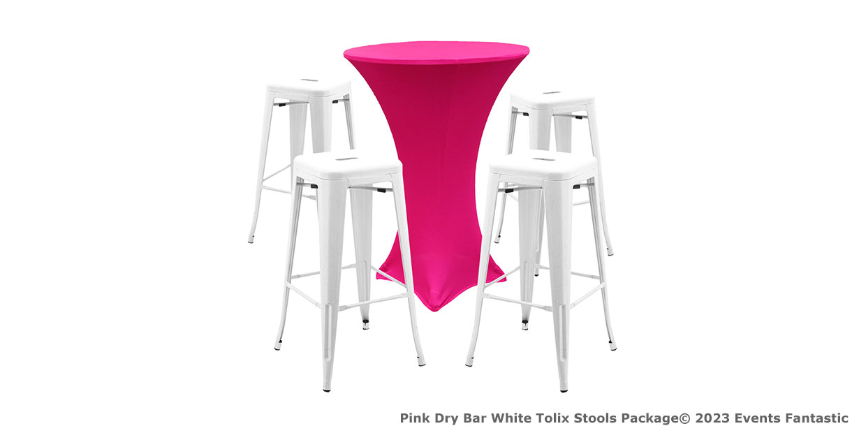 Bar table with a pink table cover surrounded by four white Tolix stools. Text reads: "Pink Dry Bar White Tolix Stools Package © 2023 Events Fantastic.