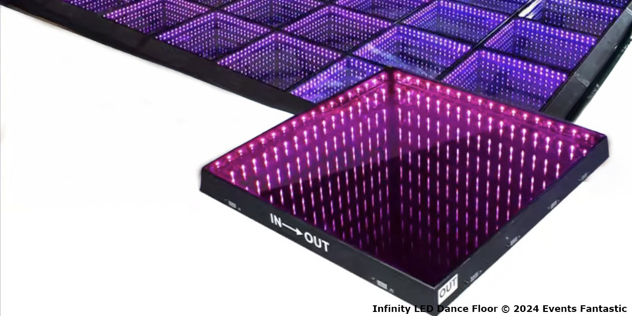 Infinity LED dance floor panels displayed, with one panel highlighted and labeled "IN - OUT." Image credit: Infinity LED Dance Floor © 2024 Events Fantastic.