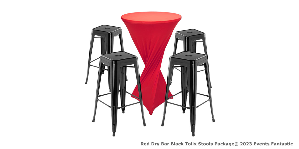 A red cocktail table with a fitted stretch cover is surrounded by four sleek black Tolix stools, creating a modern and vibrant setting.