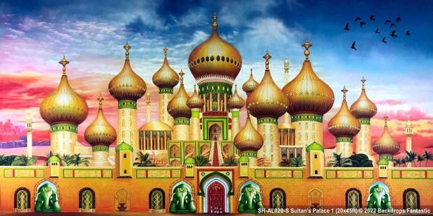 A colorful illustration of Sultan's Palace with domed structures, decorative arches, green chimera statues at the gate, against a sunset sky with birds.