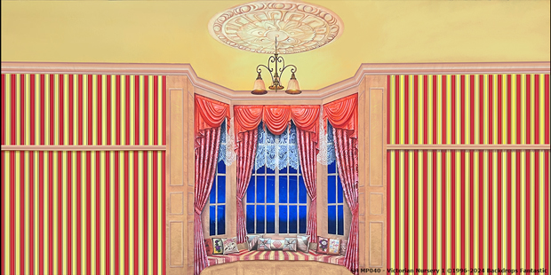 A room with striped red and yellow wallpaper features a decorated window with red curtains, lace drapes, and a seating nook. An ornate ceiling fixture is visible above.