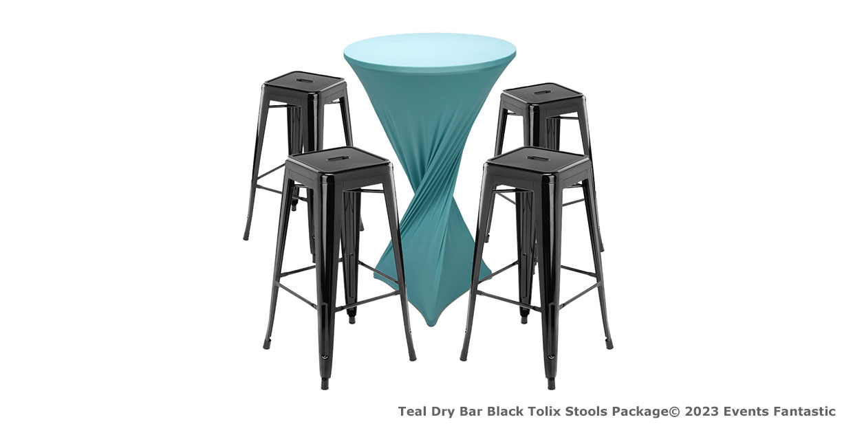 A teal dry bar table with a fitted cover is surrounded by four black Tolix stools, courtesy of Events Fantastic.