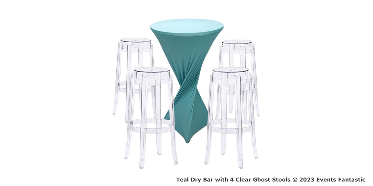 A Tiffany dry bar with a fitted cover is surrounded by four clear ghost stools. The image is credited to Events Fantastic, dated 2023.