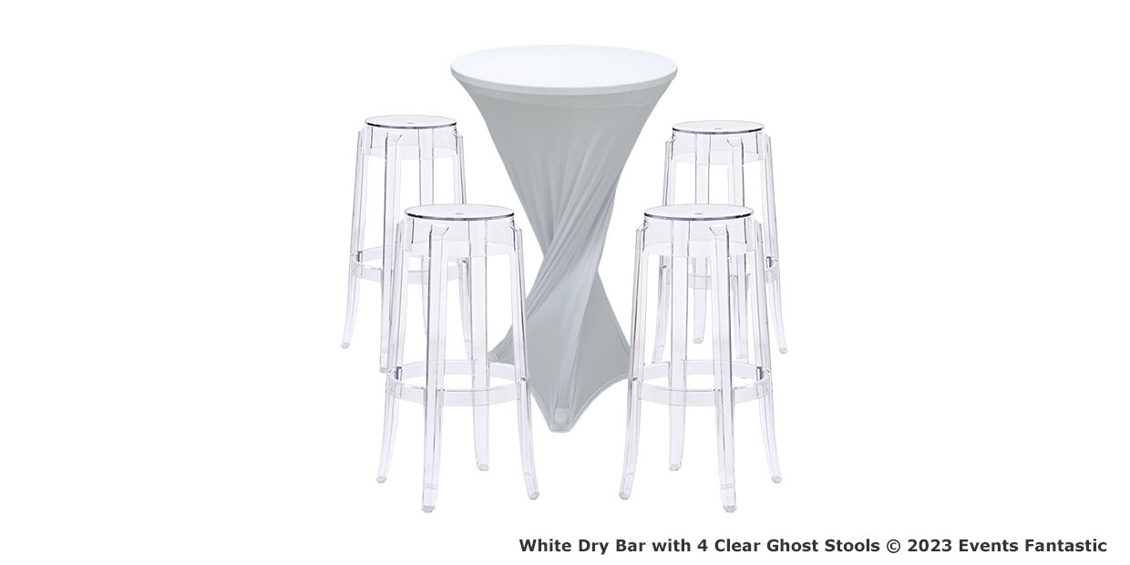 A white dry bar with a fitted cover is surrounded by four clear ghost stools, creating a perfect package for stylish entertaining.