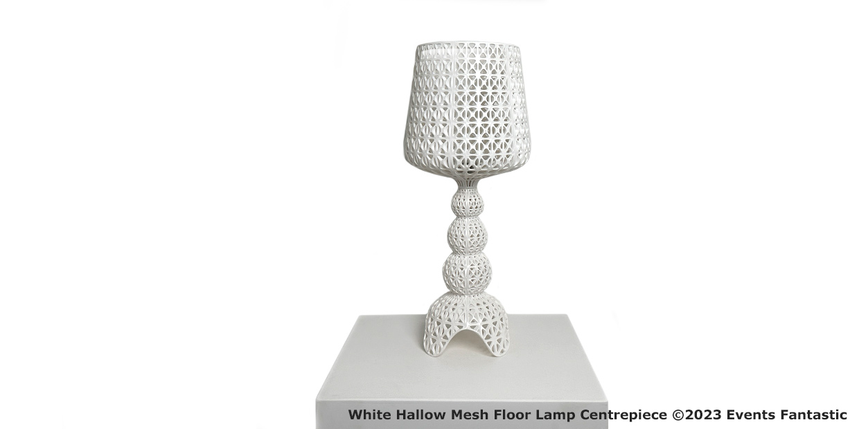 Description: White Lamp Centrepiece on a white platform with text "White Hallow Mesh Floor Lamp Centrepiece ©2023 Events Fantastic" in the bottom right corner.