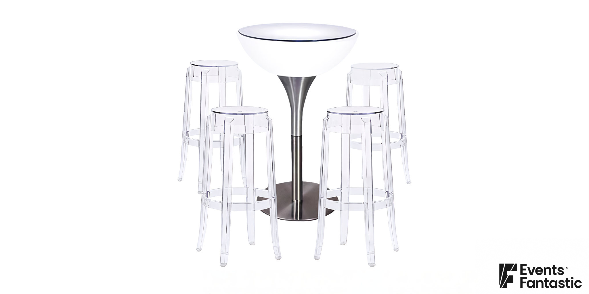 White illuminated Glow Bar table and four Ghost Tolix stools package.