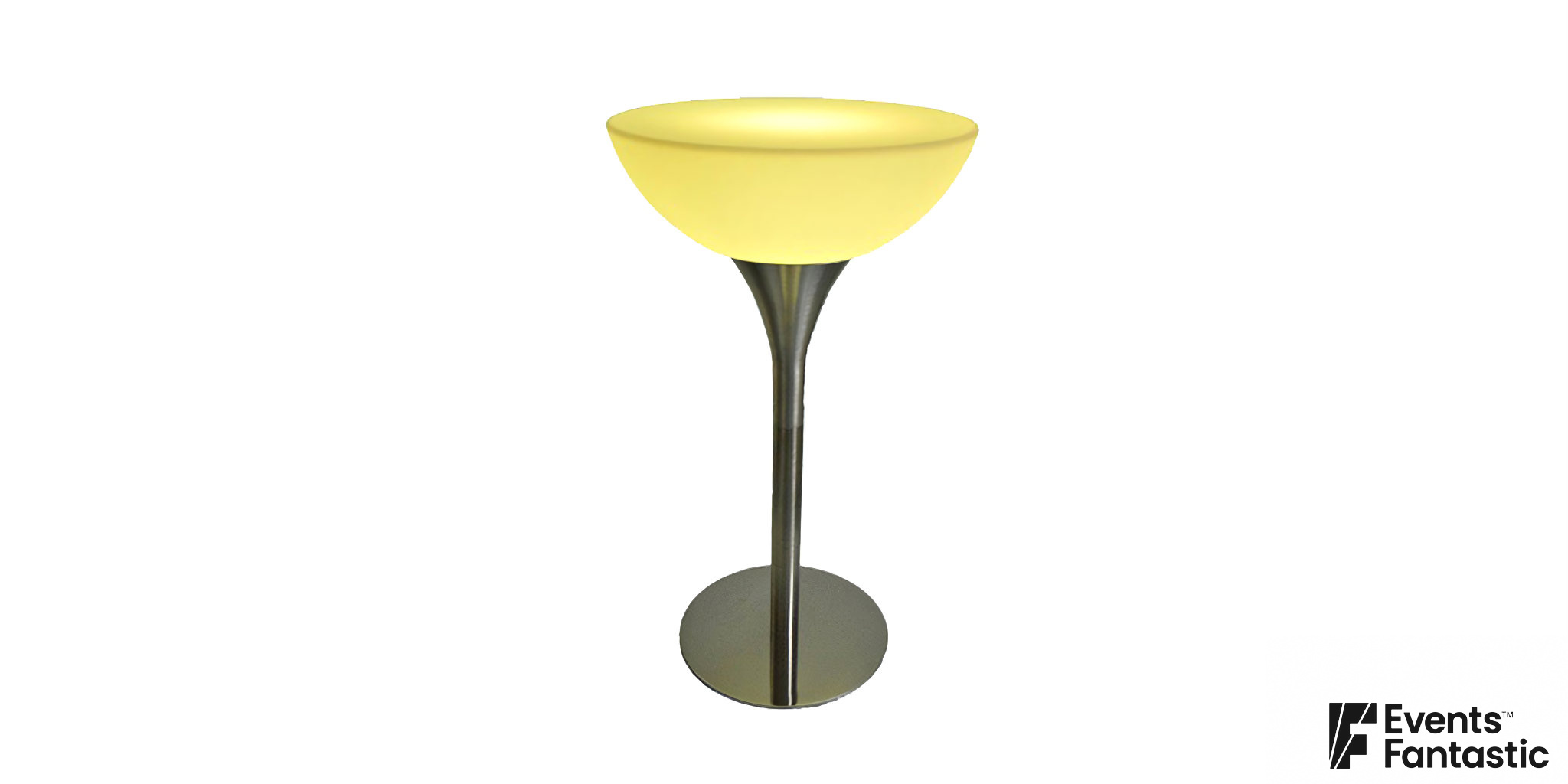 A floor lamp featuring a yellow glowing bowl-shaped shade and a sleek metal base. Text at the bottom reads, "Illuminated Glow Cocktail Bar with Metal Base ©2023 Events Fantastic.