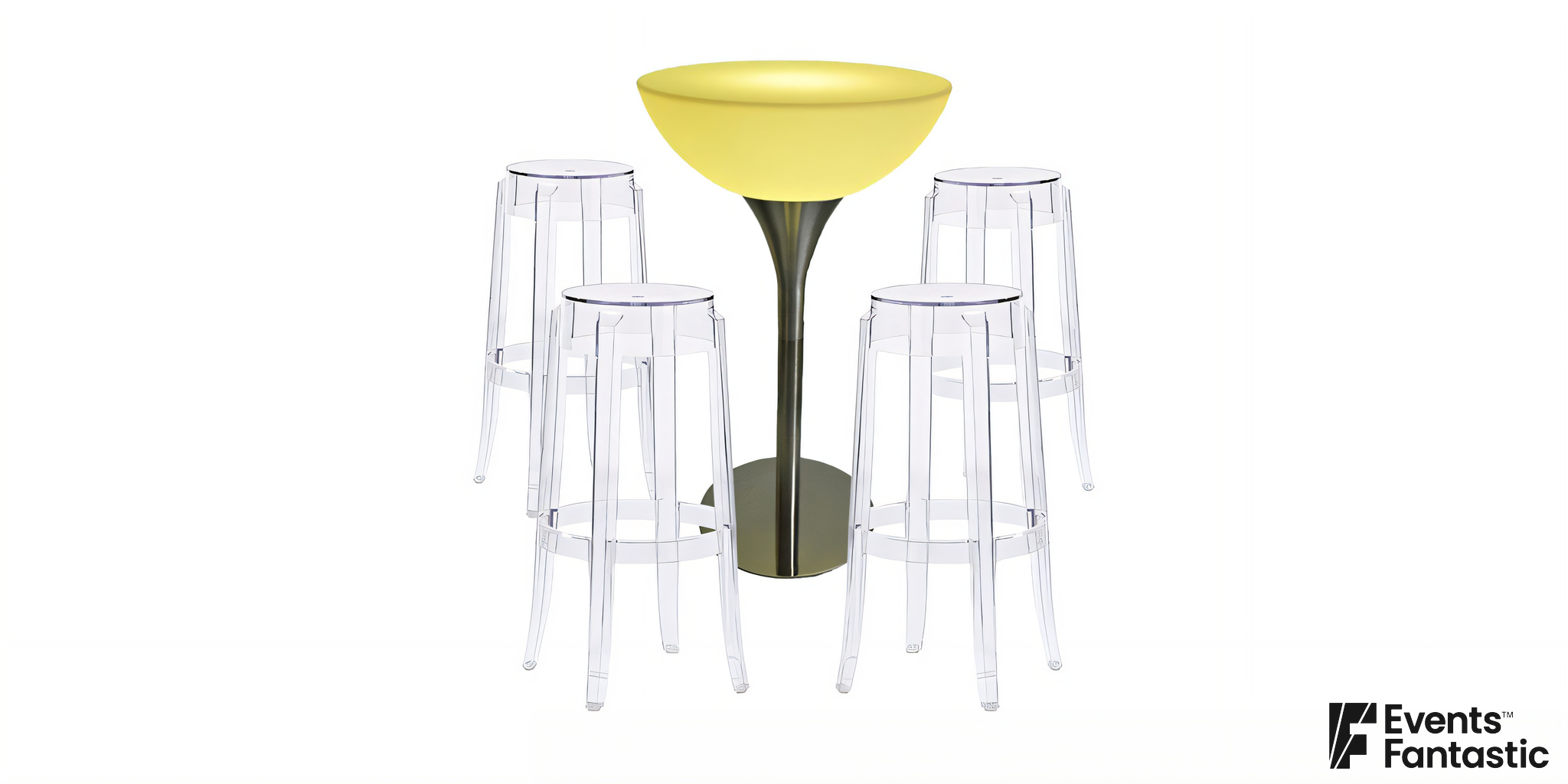 A set featuring a yellow illuminated glow cocktail bar table with a rounded top and metal base, accompanied by four clear acrylic bar stools.