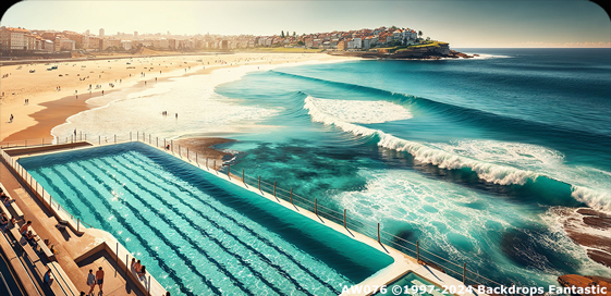 A coastal scene at Bondi Beach with an ocean pool reminiscent of the famous Icebergs, and a beach with gentle waves. There are people on the beach and buildings in the background atop a grassy hill.