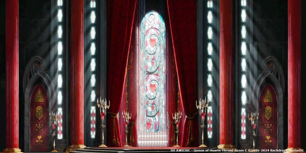 An elaborate throne room with gothic architecture features a large stained glass window, tall columns, and candelabras. Dominated by red and black decor, this regal space is fit for the Queen of Hearts herself, complete with a central throne that commands attention.