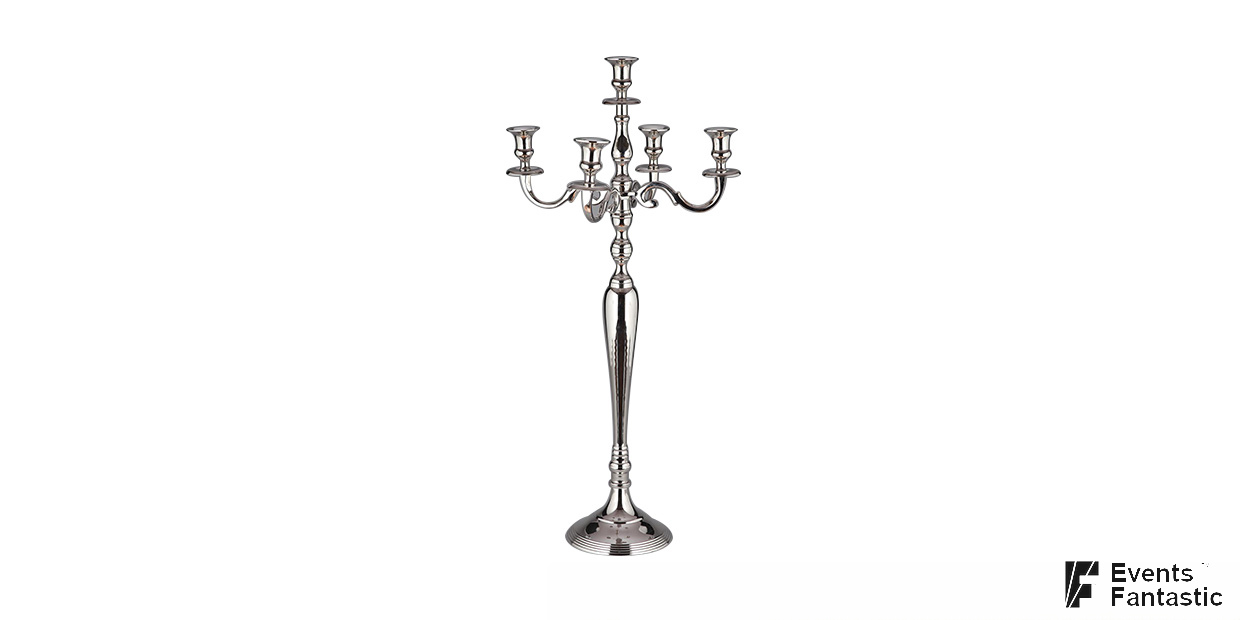 A stunning Chrome 5 Prong Candelabra standing 80cm tall, displayed against a plain white background. Text at the bottom reads: "5 Prong 80cm Chrome Candelabra ©2024 Events Fantastic.