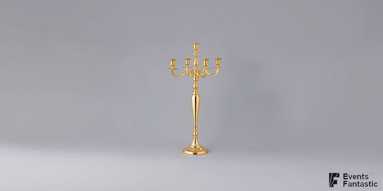 A polished Chrome 5 Prong Candelabra stands against a plain gray background. Text at the bottom reads: "80cm Chrome 5 Prong Candelabra © 2024 Events Fantastic".