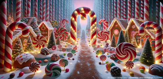 A Christmas-themed scene with giant candy canes, gingerbread houses, large lollipops, and snow-covered ground. Illuminated Christmas trees and an archway made of candy canes are in the background.