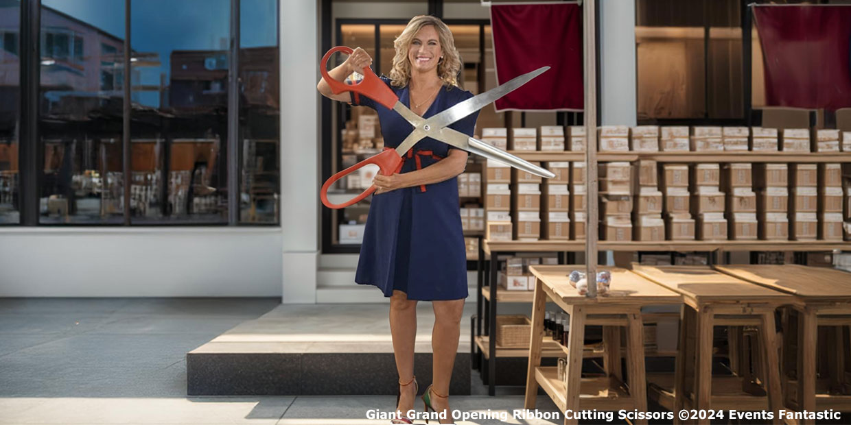 A woman in a blue dress holds oversized scissors in a store, ready for a ribbon-cutting ceremony. Wooden tables and shelves filled with boxes are visible in the background.