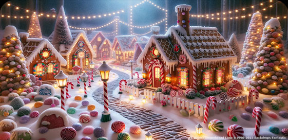 A festive, snowy scene of a gingerbread village with candy decorations, glowing street lamps, and illuminated houses at night. Strings of lights are hanging overhead, adding to the holiday atmosphere.