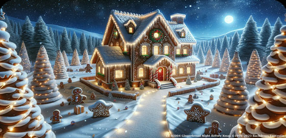 A gingerbread house and yard decorated with icing and candy, surrounded by gingerbread trees, stars, and figures, set in a snowy landscape under a full moon.