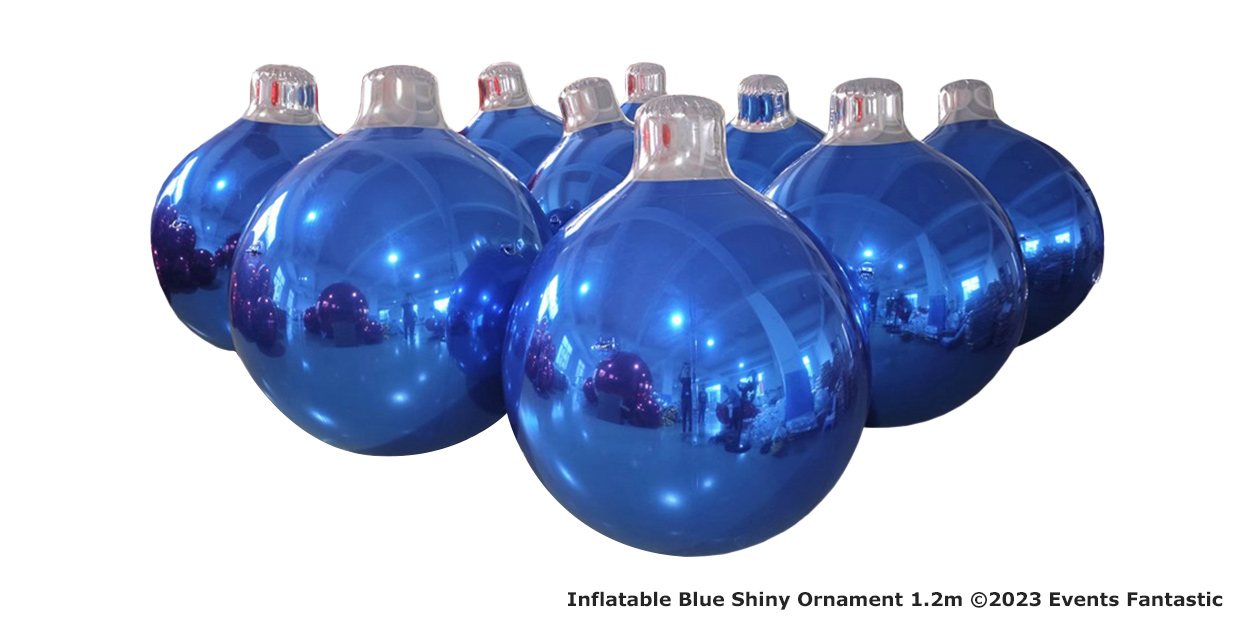 A cluster of large, blue shiny inflatable ornaments with metallic tops on a white background. The text reads “Inflatable Blue Shiny Ornament 1.2m ©2023 Events Fantastic.”