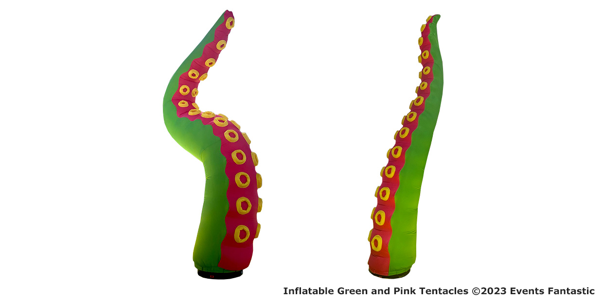 Two large inflatable tentacles in green and pink with yellow suction cups are displayed upright on a white background, perfect for adding a whimsical touch to any space.