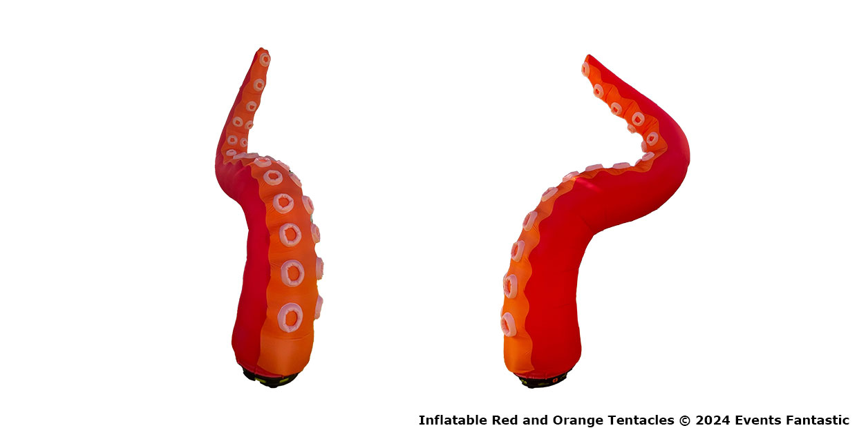 Two inflatable red and orange tentacles with realistic suction cup details. The text in the bottom right corner reads "Inflatable Tentacles © 2024 Events Fantastic.