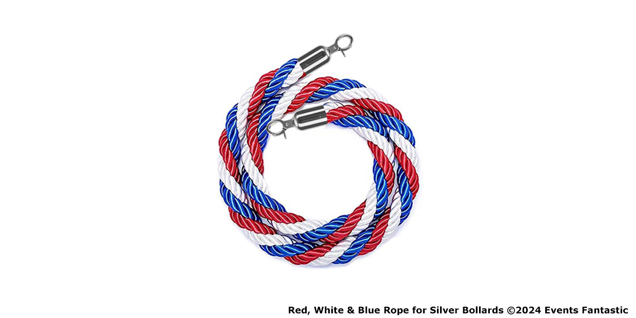 A coiled red, white, and blue rope with silver hardware at both ends, perfect for use with silver bollards.