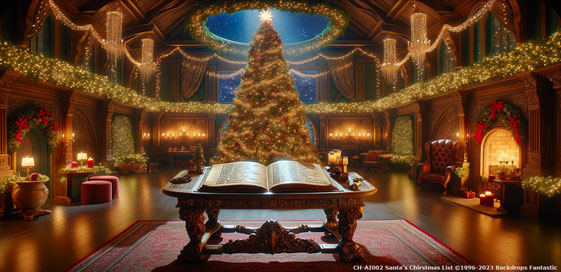A grand, festively decorated room with a large, illuminated Christmas tree in the center, a thick book on a wooden table in the foreground, and lights and garlands adorning the balcony and walls.