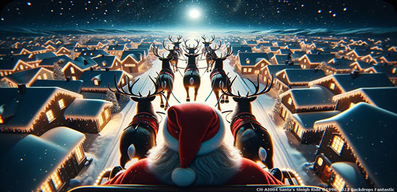 Santa Claus riding his sleigh led by reindeer, flying over a snow-covered village at night with houses illuminated by Christmas lights.