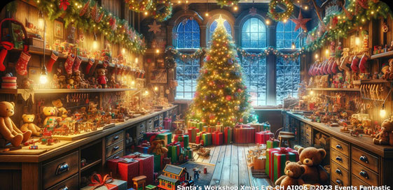 A festive workshop filled with toys, a decorated Christmas tree, wrapped gifts, and twinkling lights. Large windows reveal a snowy landscape outside.