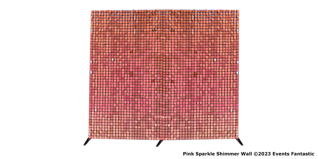 A large pink shimmer wall with a gradient effect, reminiscent of a mermaid's tail, is displayed against a white background. The backdrop is supported by thin black stands on the bottom corners.