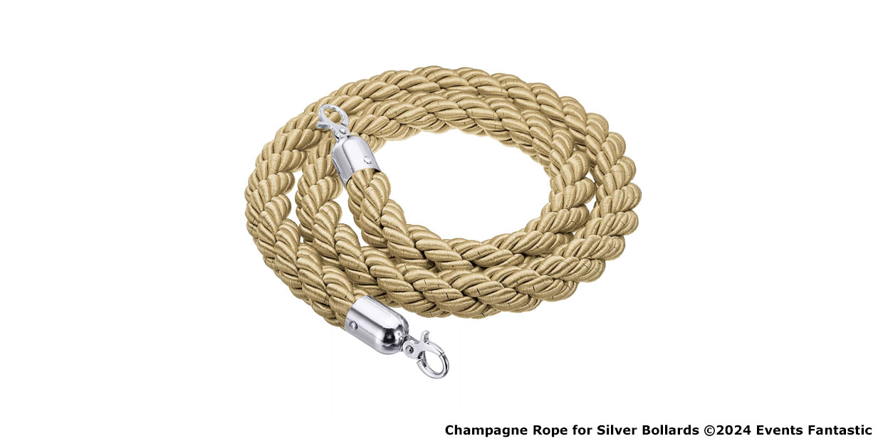 Coiled champagne-colored rope with silver ends designed for use with bollards. Text reads: "Champagne Rope for Silver Bollards ©2024 Events Fantastic". Suitable to complement a red rope with silver clips.