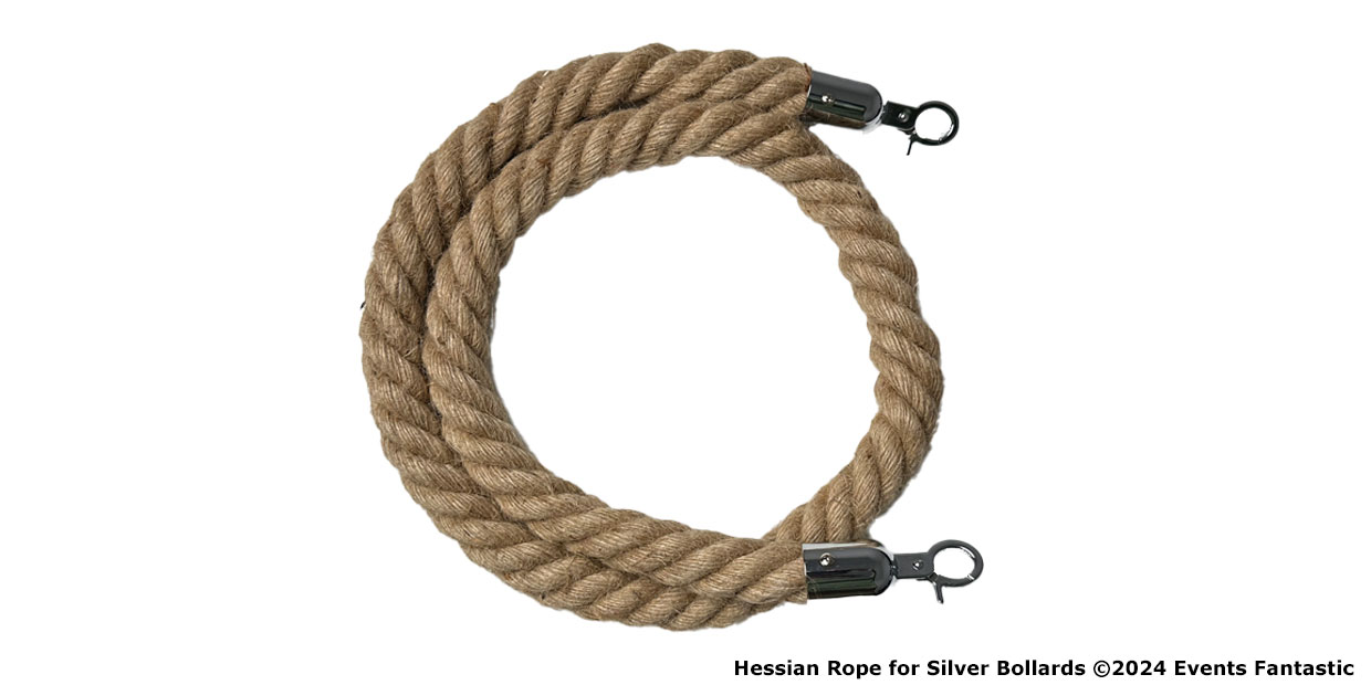 A coiled hessian rope with silver hooks on both ends, resembling a red rope with clips, displayed against a plain white background.