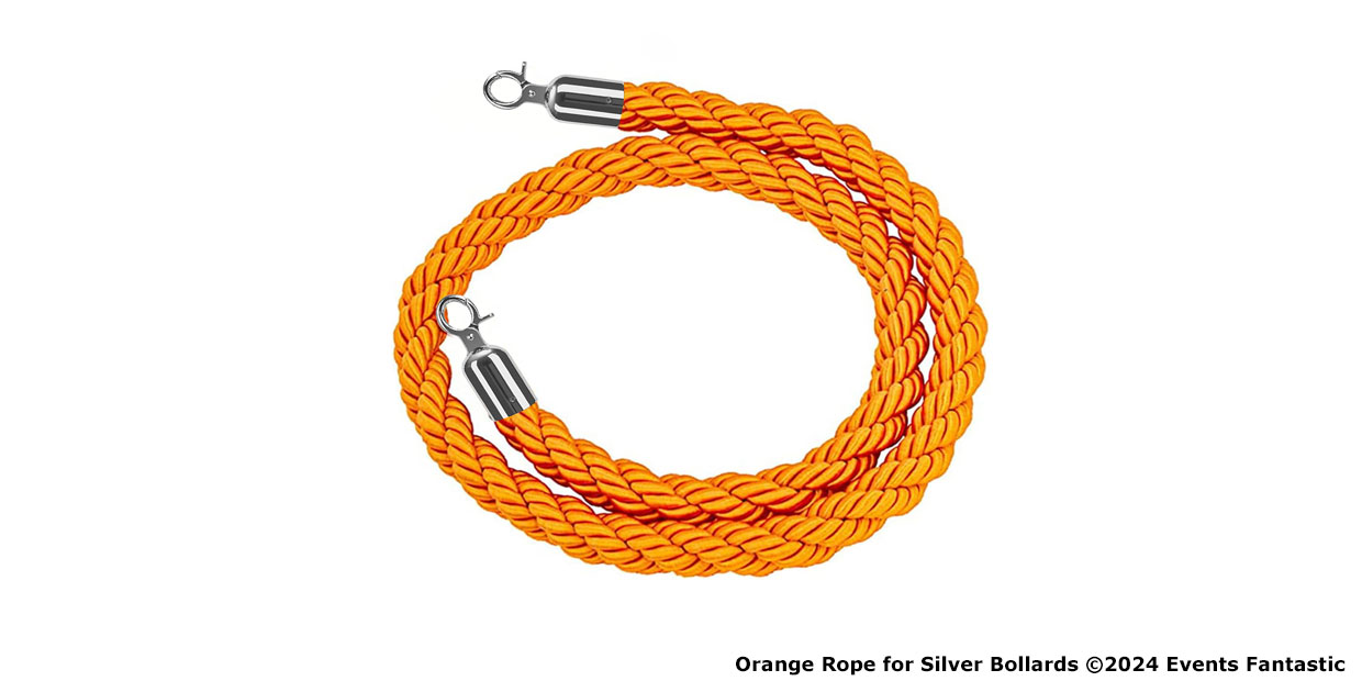 A coiled orange rope with silver end caps, intended for use with silver bollards, similar in style to a red rope with silver clips.