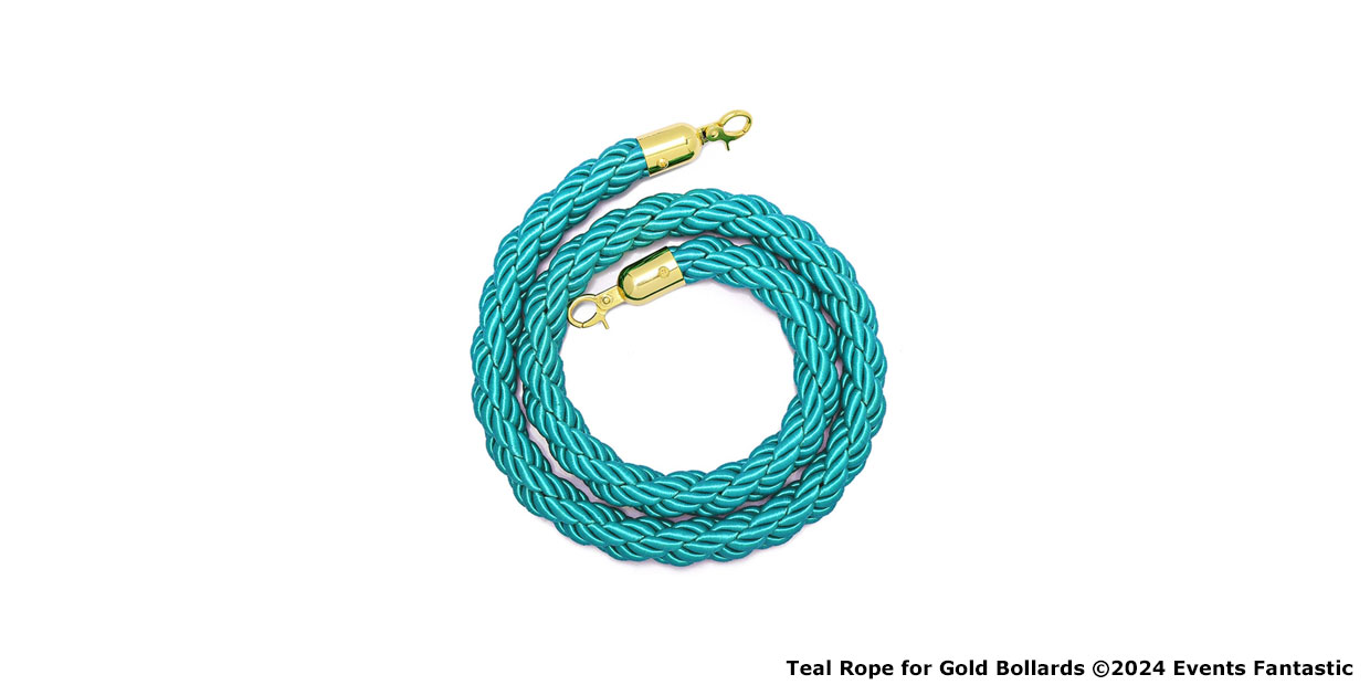 A coiled teal-colored rope with gold ends designed for use with gold bollards. Text at the bottom reads "Teal Rope for Gold Bollards ©2024 Events Fantastic. A perfect match alongside a red rope with silver clips.