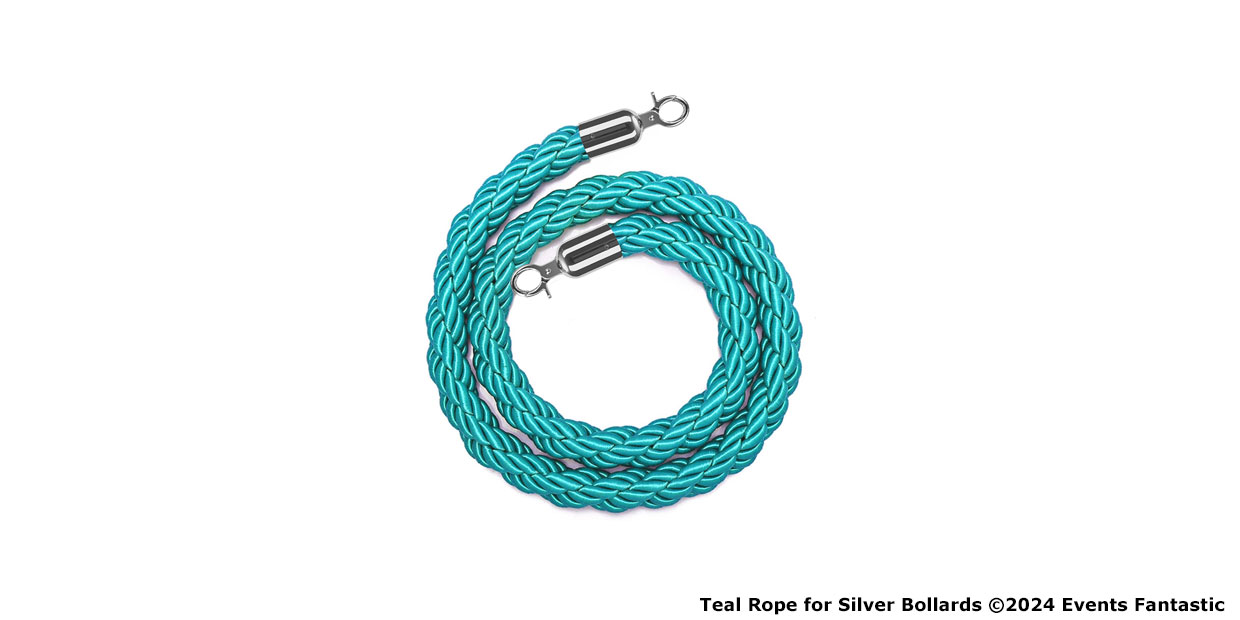 Teal twisted rope with silver connectors, coiled in a circular shape, intended for use with silver bollards, similar to the elegant style of a red rope with silver clips.